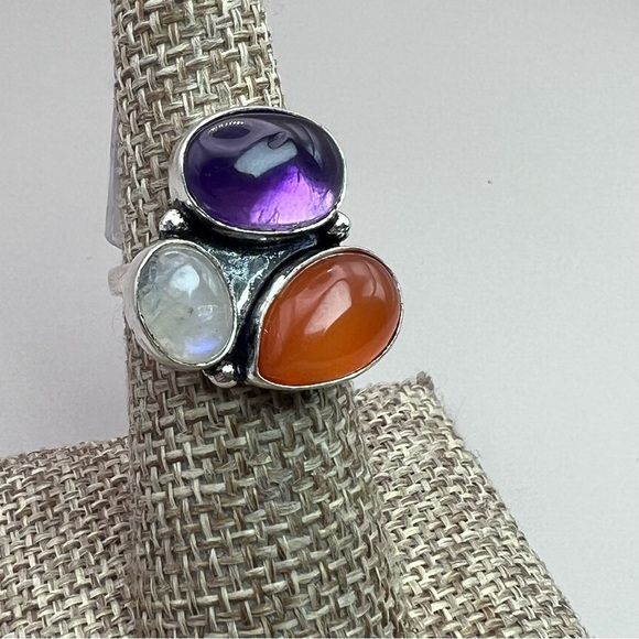 New Carnelian, Moonstone & Amethyst Crystal Multi Stone Silver Overlay Ring 6.25 - Picture 3 of 3